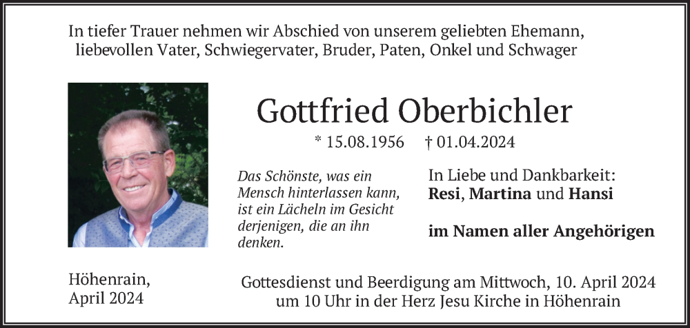  Traueranzeige für Gottfried Oberbichler vom 06.04.2024 aus merkurtz