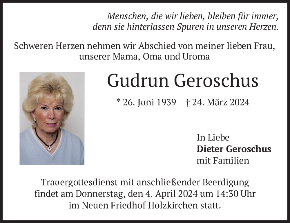  Traueranzeige für Gudrun Geroschus vom 02.04.2024 aus merkurtz