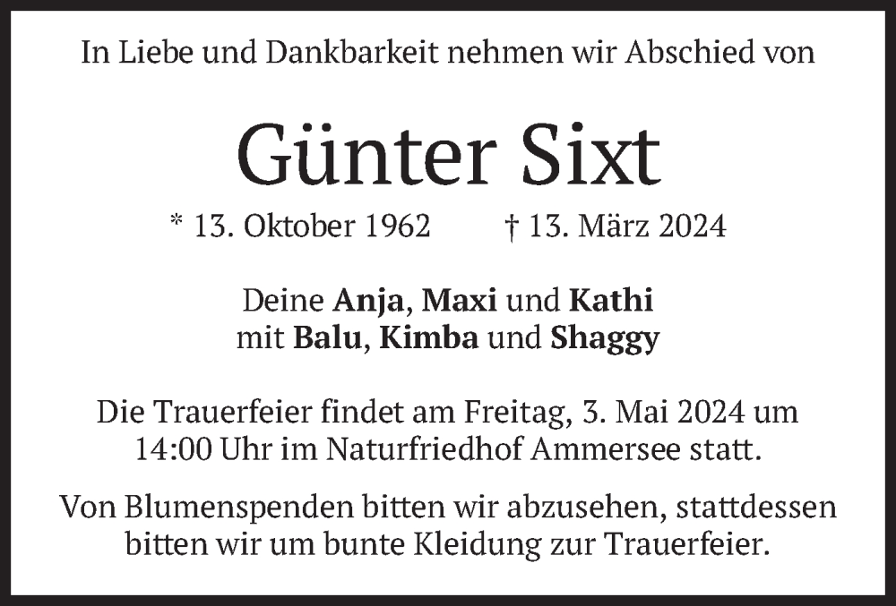  Traueranzeige für Günter Sixt vom 27.04.2024 aus merkurtz