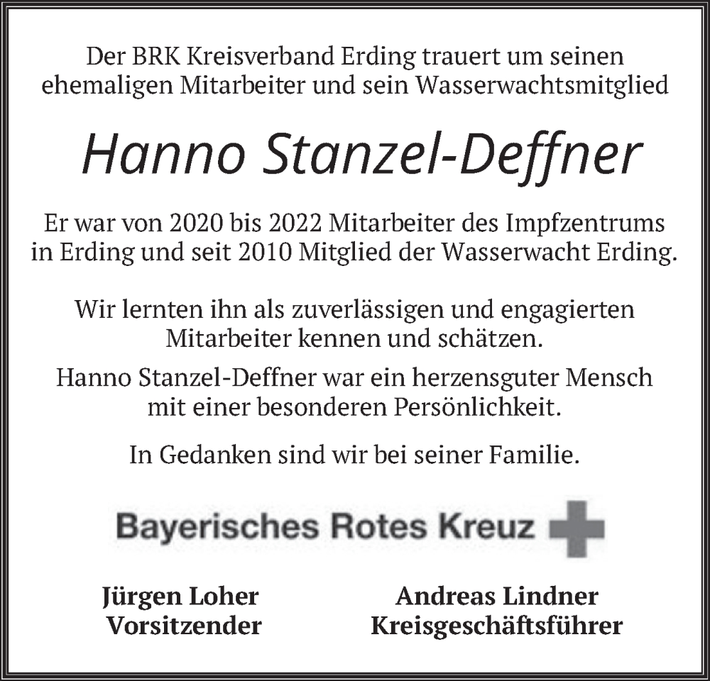  Traueranzeige für Hanno Stanzel-Deffner vom 13.04.2024 aus merkurtz