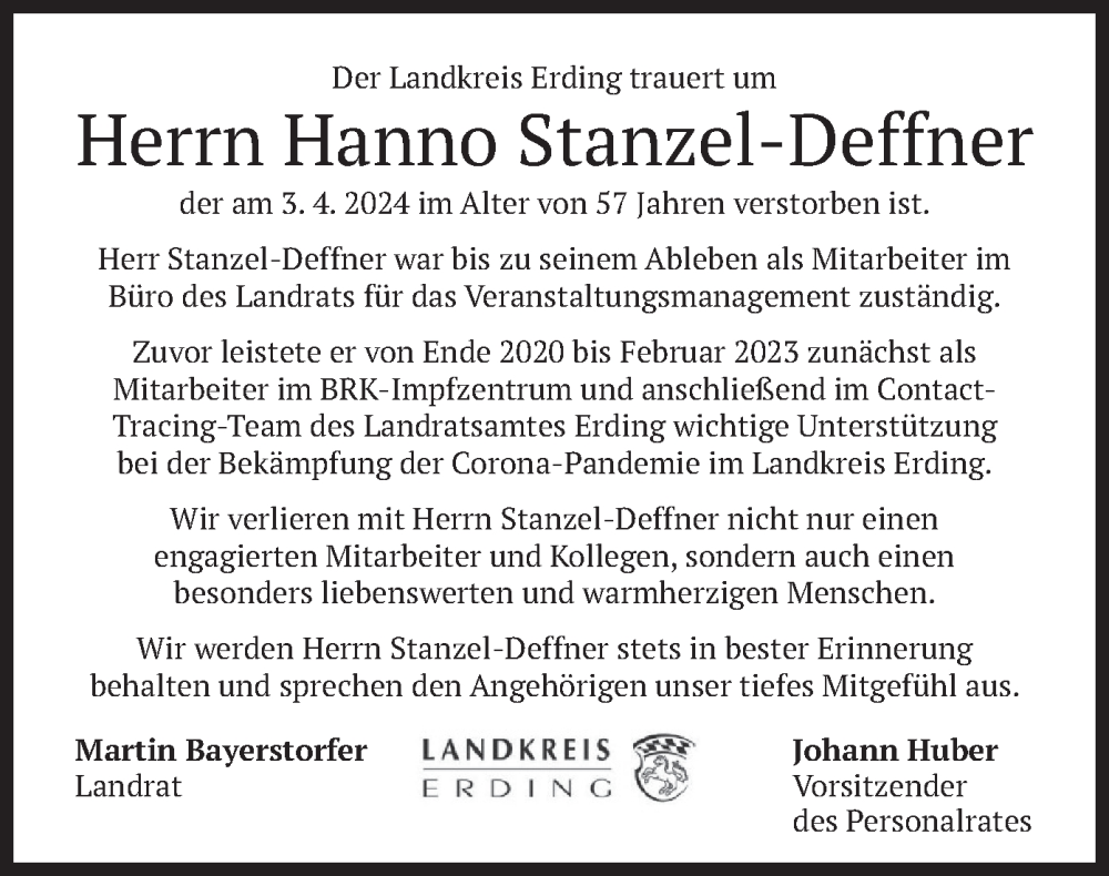  Traueranzeige für Hanno Stanzel-Deffner vom 13.04.2024 aus merkurtz