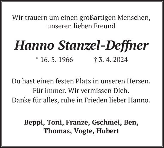 Traueranzeige von Hanno Stanzel-Deffner von merkurtz
