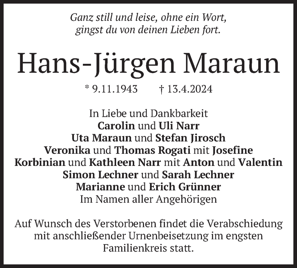  Traueranzeige für Hans-Jürgen Maraun vom 20.04.2024 aus merkurtz