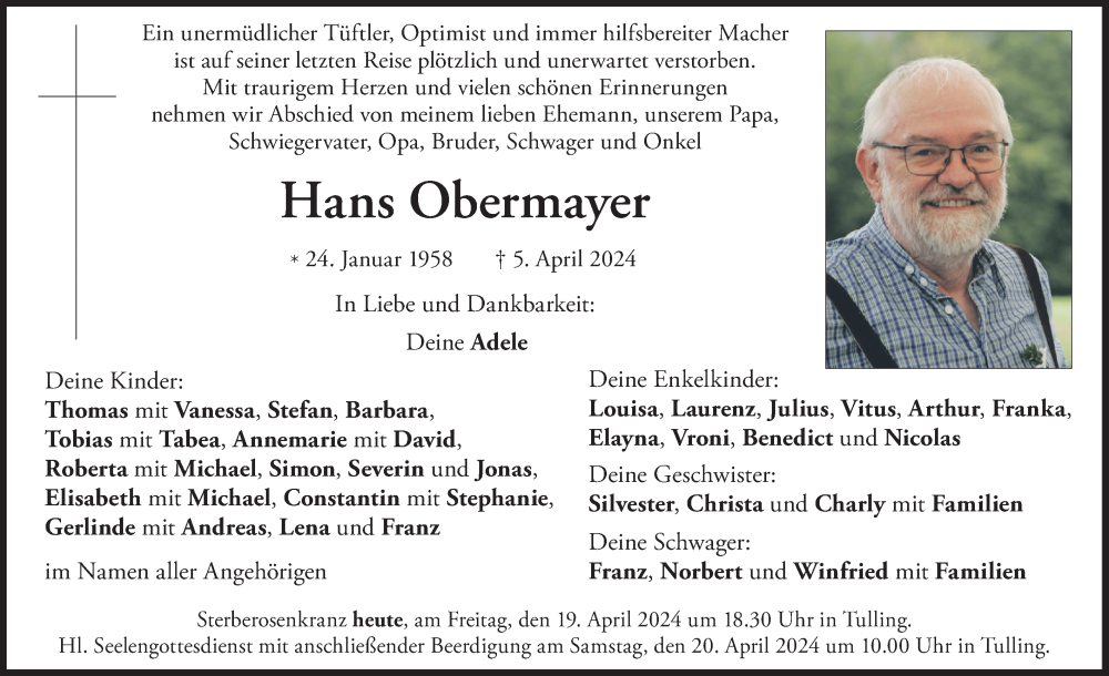  Traueranzeige für Hans Obermayer vom 19.04.2024 aus merkurtz
