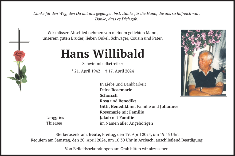  Traueranzeige für Hans Willibald vom 19.04.2024 aus merkurtz
