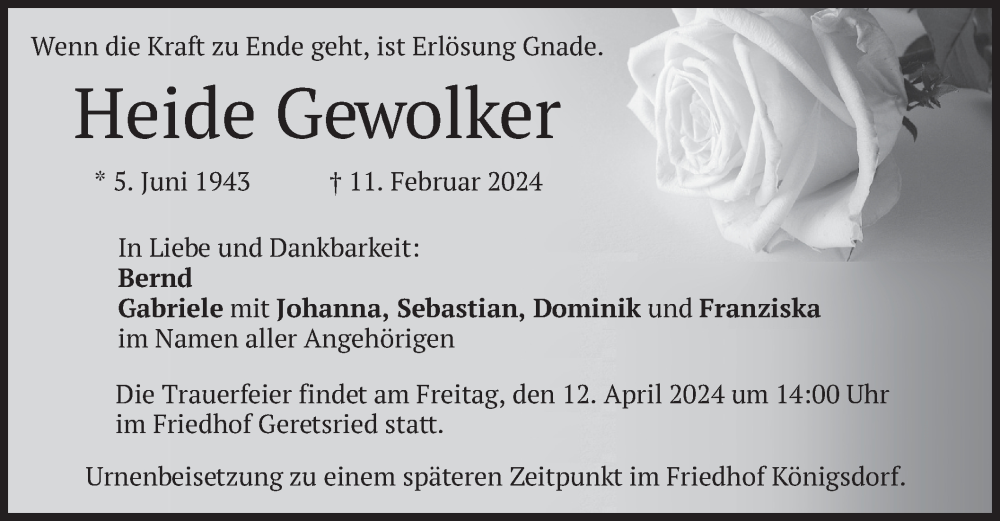  Traueranzeige für Heide Gewolker vom 06.04.2024 aus merkurtz