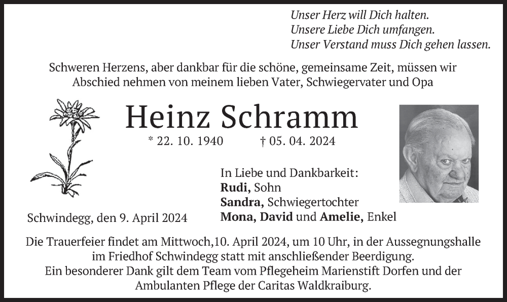  Traueranzeige für Heinz Schramm vom 09.04.2024 aus merkurtz