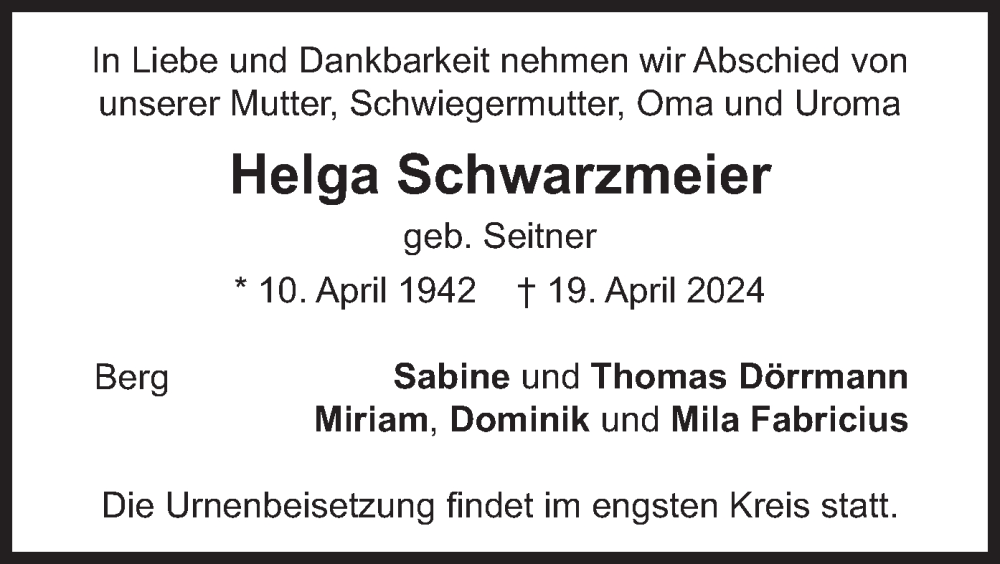  Traueranzeige für Helga Schwarzmeier vom 27.04.2024 aus merkurtz