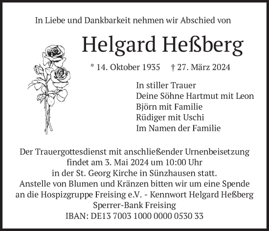 Traueranzeige von Helgard Heßberg von merkurtz