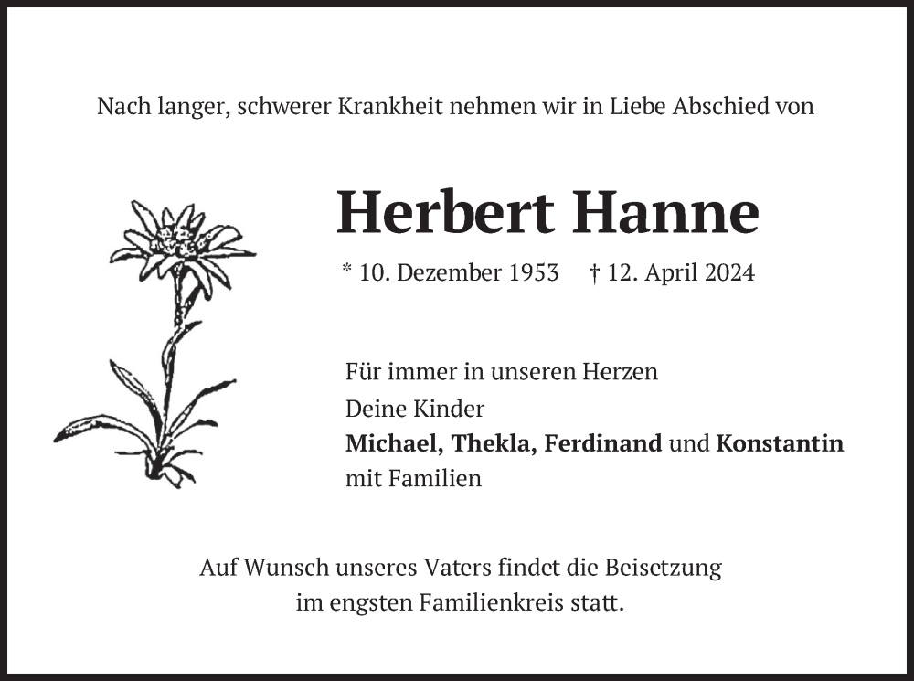  Traueranzeige für Herbert Hanne vom 20.04.2024 aus merkurtz