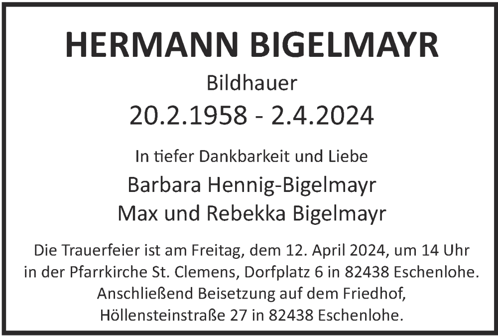  Traueranzeige für Hermann Bigelmayr vom 06.04.2024 aus merkurtz