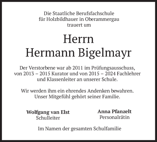 Traueranzeige von Hermann Bigelmayr von merkurtz