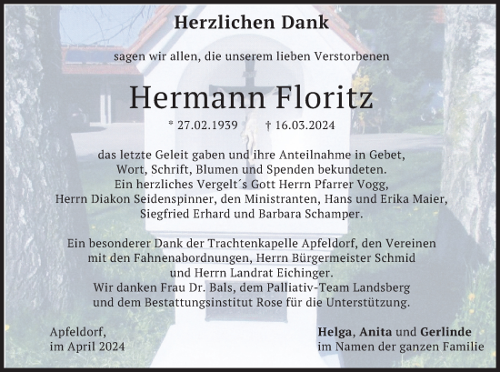 Traueranzeige von Hermann Floritz von merkurtz