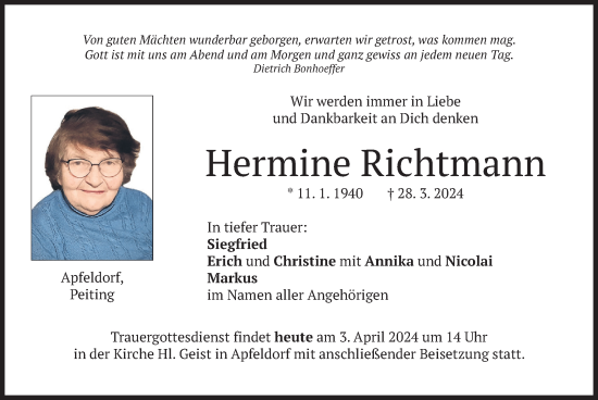 Traueranzeige von Hermine Richtmann von merkurtz