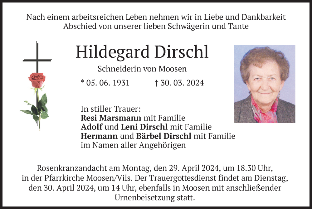  Traueranzeige für Hildegard Dirschl vom 23.04.2024 aus merkurtz
