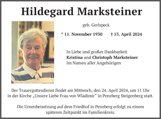 Traueranzeige von Hildegard Marksteiner
