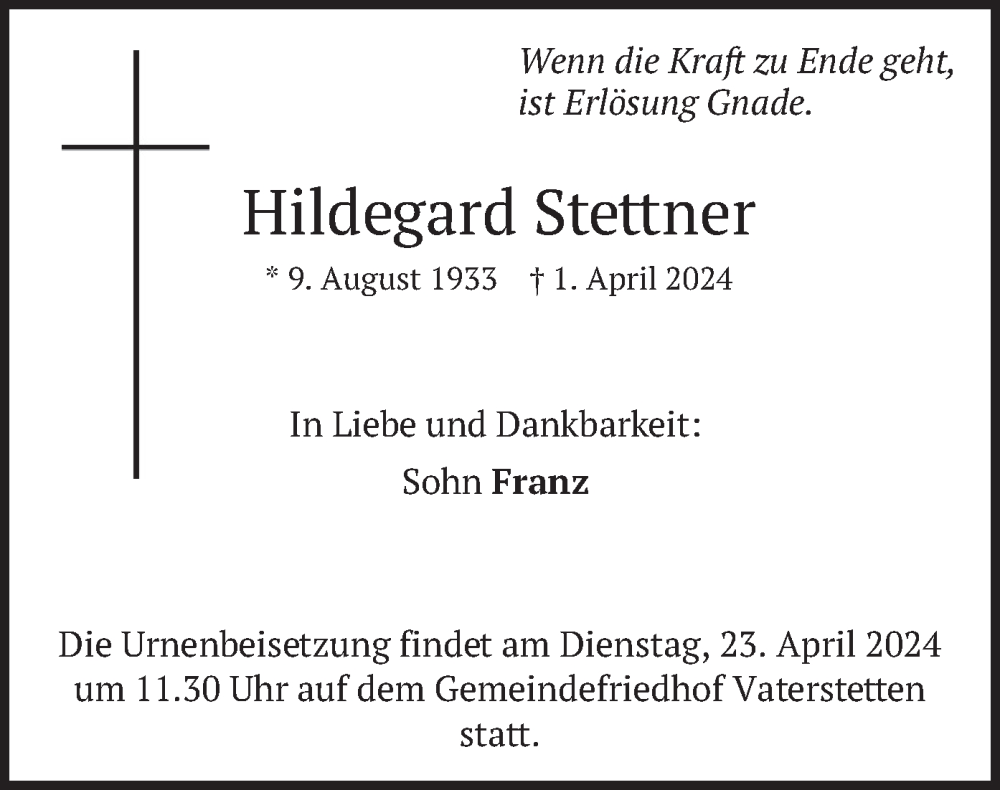  Traueranzeige für Hildegard Stettner vom 20.04.2024 aus merkurtz