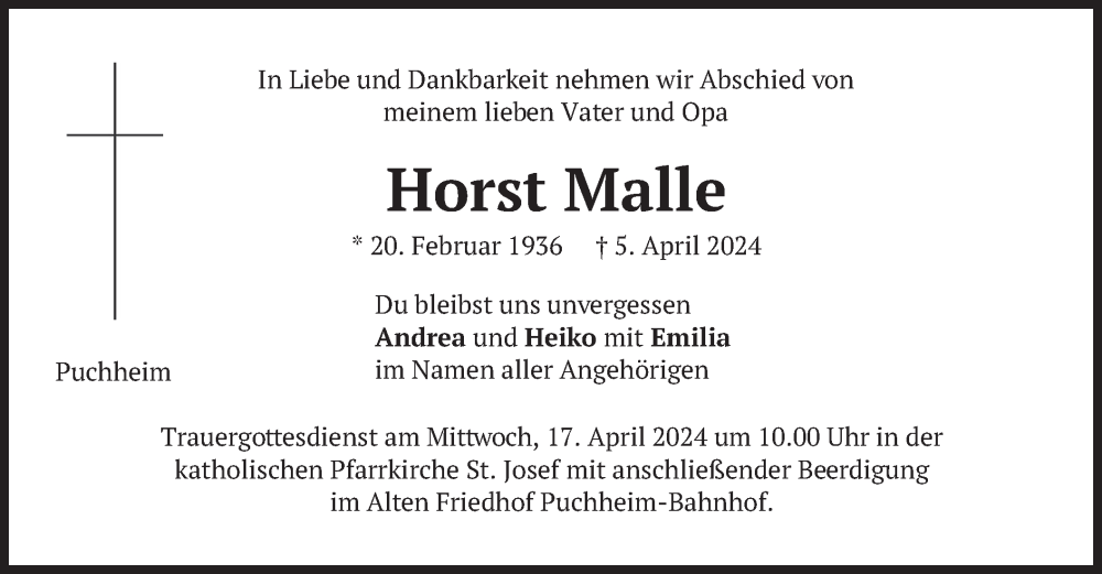  Traueranzeige für Horst Malle vom 13.04.2024 aus merkurtz