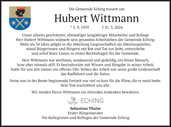 Traueranzeigen von Hubert Wittmann | trauer.merkur.de