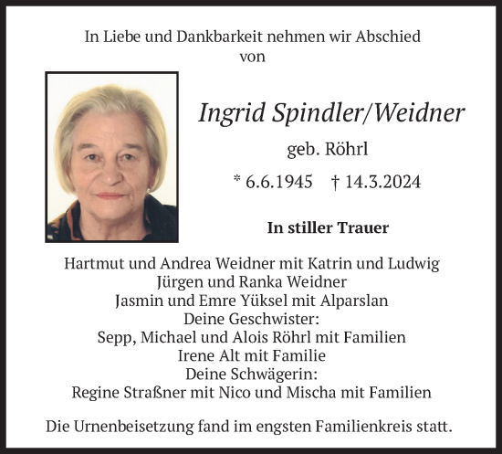 Traueranzeige von Ingrid Spindler Weidner von merkurtz