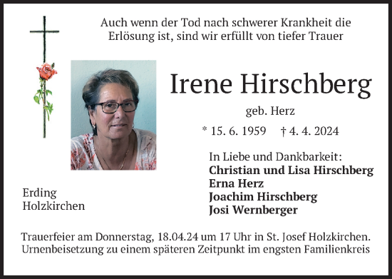 Traueranzeige von Irene Hirschberg von merkurtz