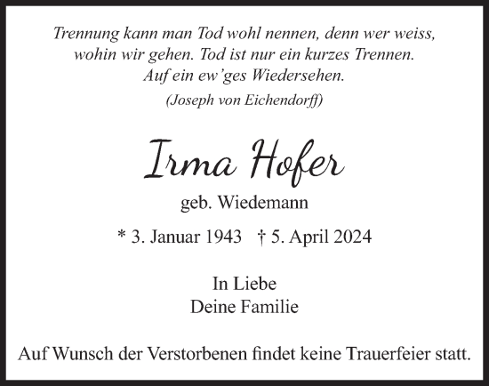 Traueranzeige von Irma Hofer von merkurtz