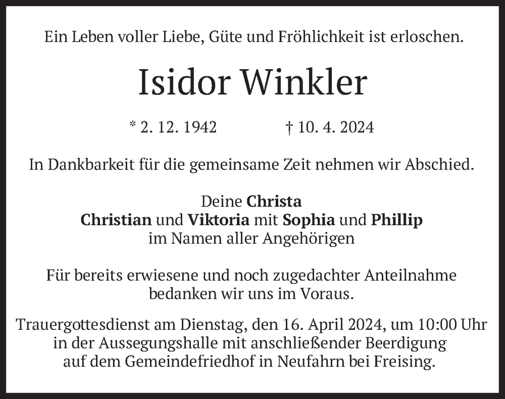  Traueranzeige für Isidor Winkler vom 13.04.2024 aus merkurtz