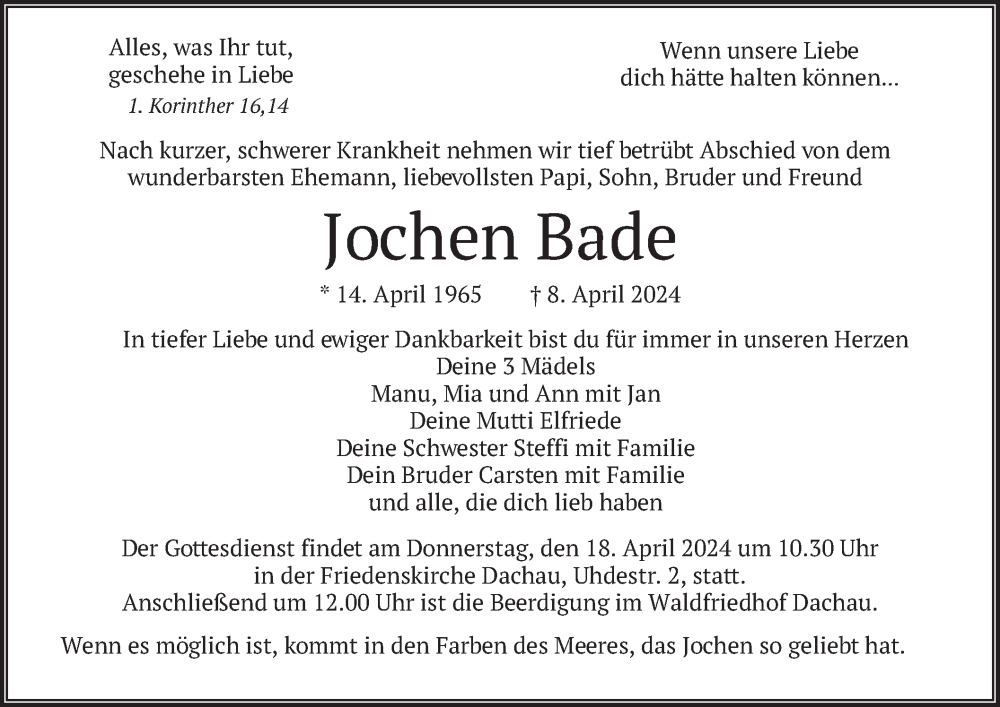  Traueranzeige für Jochen Bade vom 13.04.2024 aus merkurtz