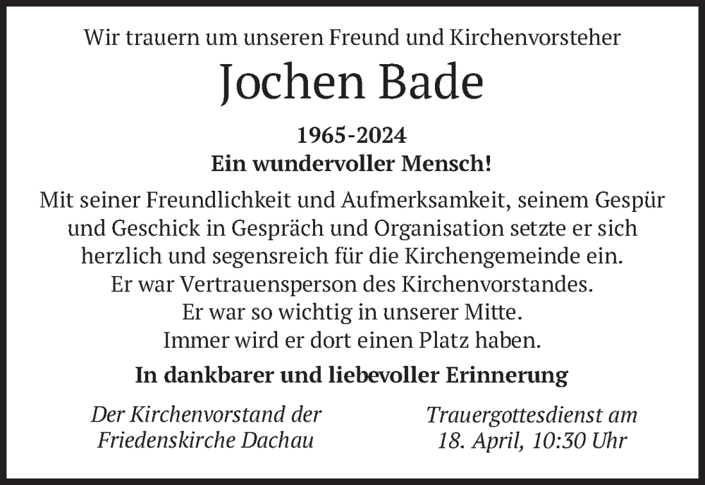  Traueranzeige für Jochen Bade vom 13.04.2024 aus merkurtz