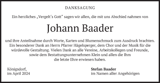 Traueranzeige von Johann Baader von merkurtz