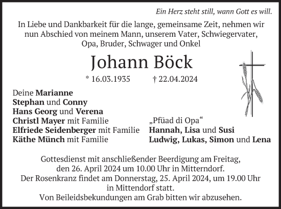 Traueranzeige von Johann Böck von merkurtz