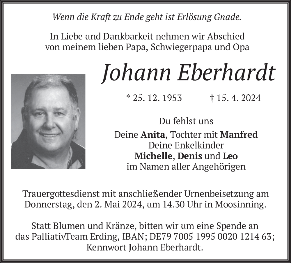  Traueranzeige für Johann Eberhardt vom 27.04.2024 aus merkurtz