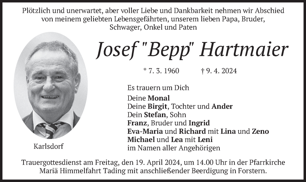  Traueranzeige für Josef Hartmaier vom 17.04.2024 aus merkurtz