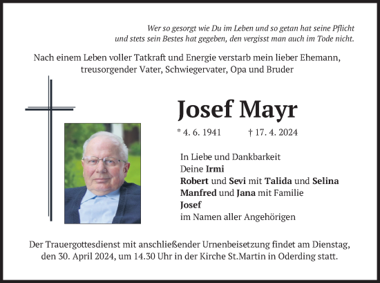 Traueranzeige von Josef Mayr von merkurtz