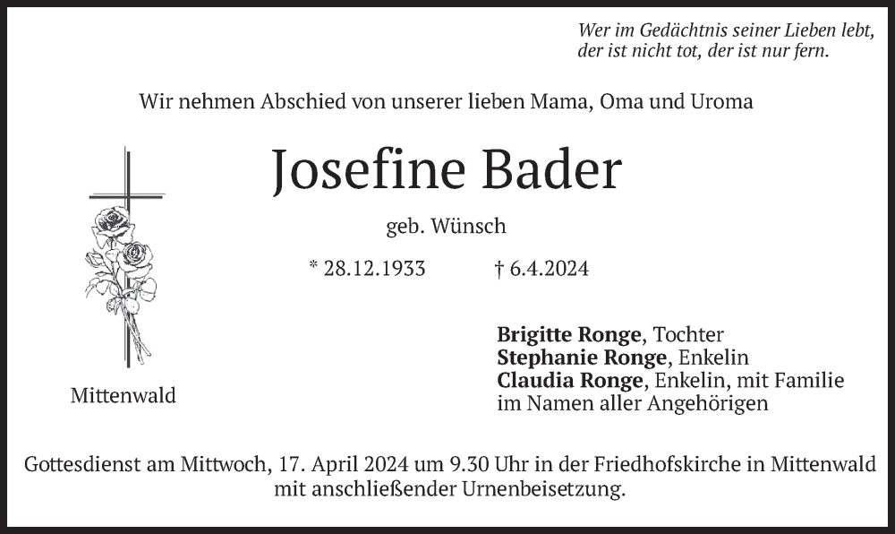  Traueranzeige für Josefine Bader vom 13.04.2024 aus merkurtz