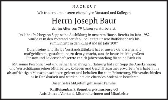 Traueranzeige von Joseph Baur von merkurtz