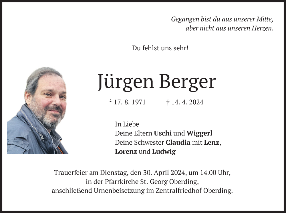  Traueranzeige für Jürgen Berger vom 27.04.2024 aus merkurtz
