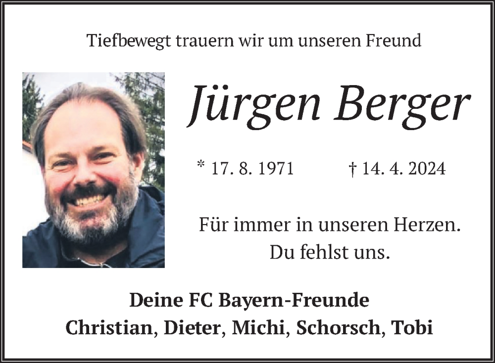  Traueranzeige für Jürgen Berger vom 27.04.2024 aus merkurtz