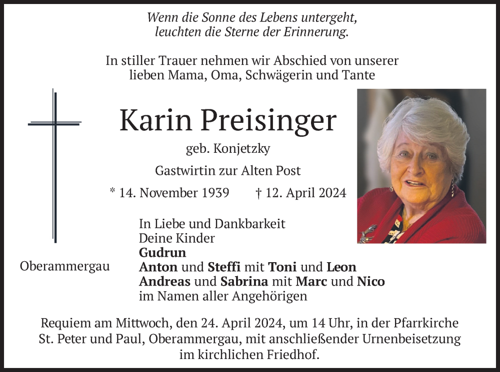  Traueranzeige für Karin Preisinger vom 19.04.2024 aus merkurtz