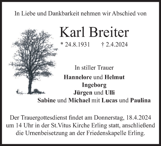 Traueranzeige von Karl Breiter von merkurtz