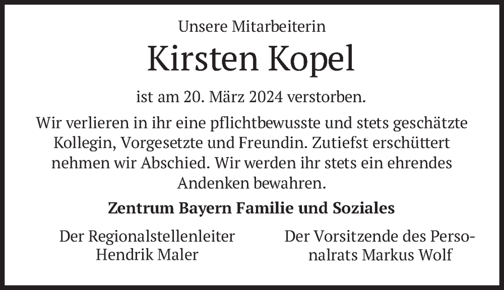  Traueranzeige für Kirsten Kopel vom 06.04.2024 aus merkurtz