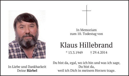 Traueranzeige von Klaus Hillebrand von merkurtz
