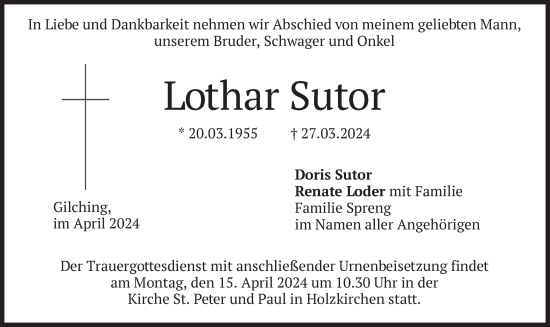 Traueranzeige von Lothar Sutor von merkurtz
