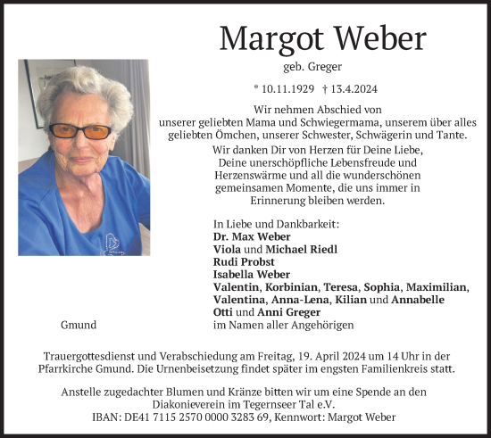 Traueranzeige von Margot Weber von merkurtz