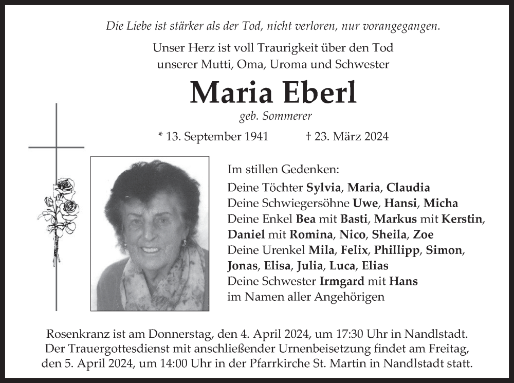  Traueranzeige für Maria Eberl vom 02.04.2024 aus merkurtz