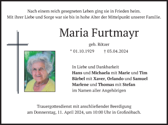 Traueranzeige von Maria Furtmayr von merkurtz