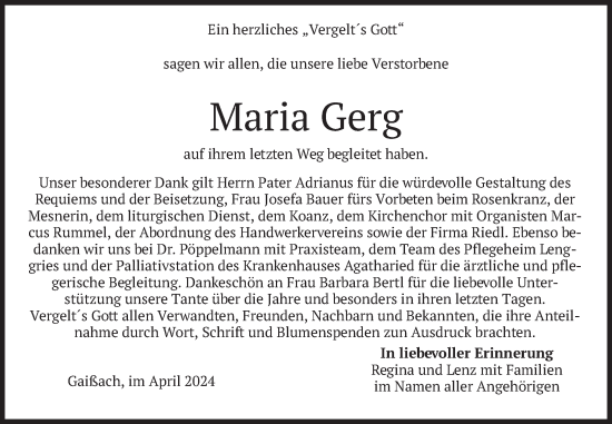 Traueranzeige von Maria Gerg von merkurtz