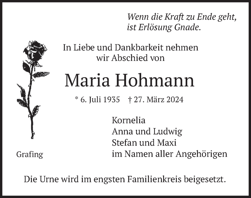  Traueranzeige für Maria Hohmann vom 06.04.2024 aus merkurtz