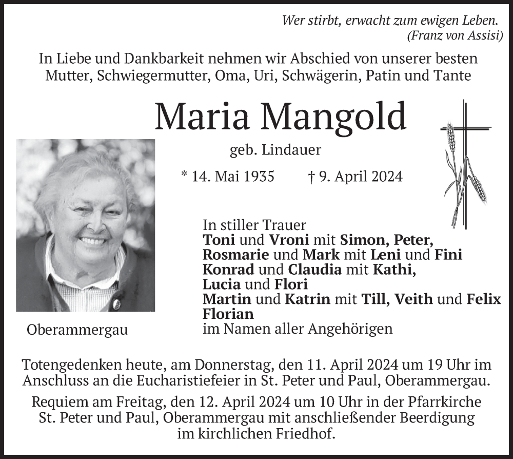  Traueranzeige für Maria Mangold vom 11.04.2024 aus merkurtz
