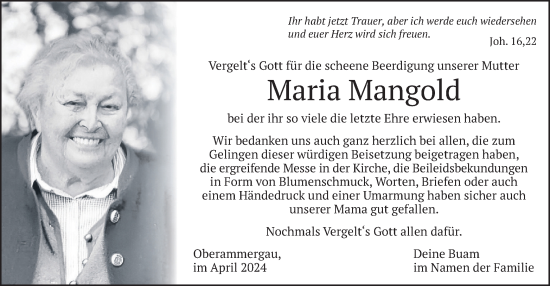 Traueranzeige von Maria Mangold von merkurtz
